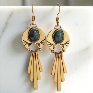 New! Gold Fringe Dangle Earrings With Dark Green Accent Southwest Boho | NWOT
